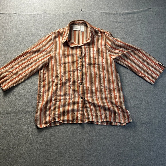 Alfred Dunner Tops - Striped Button Front 3/4 Sleeve Womens Size 8 Brown Orange Blouse Alfred Dunner